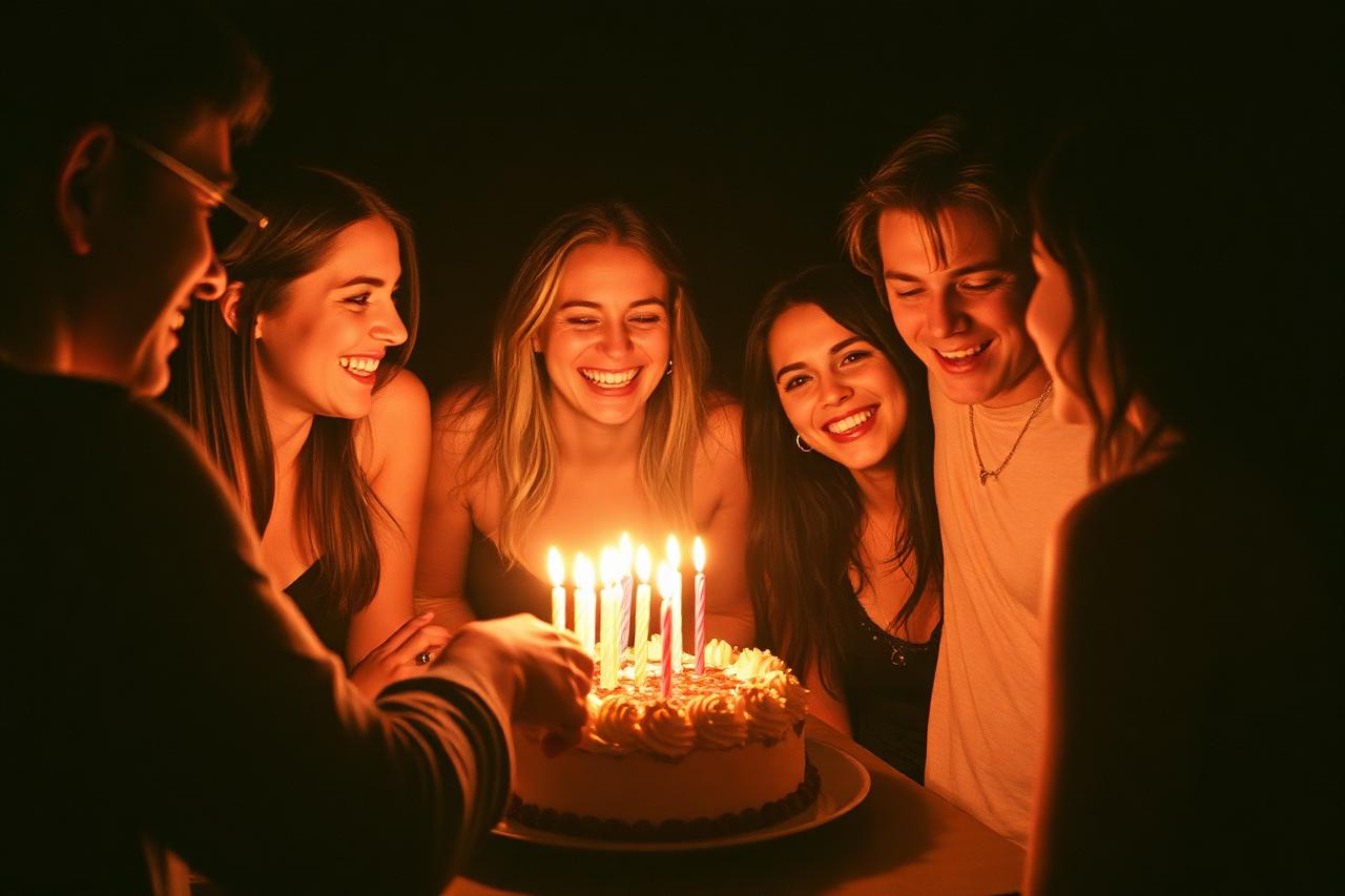 Friends laughing around a birthday cake lit by candles, shot on warm 35mm film