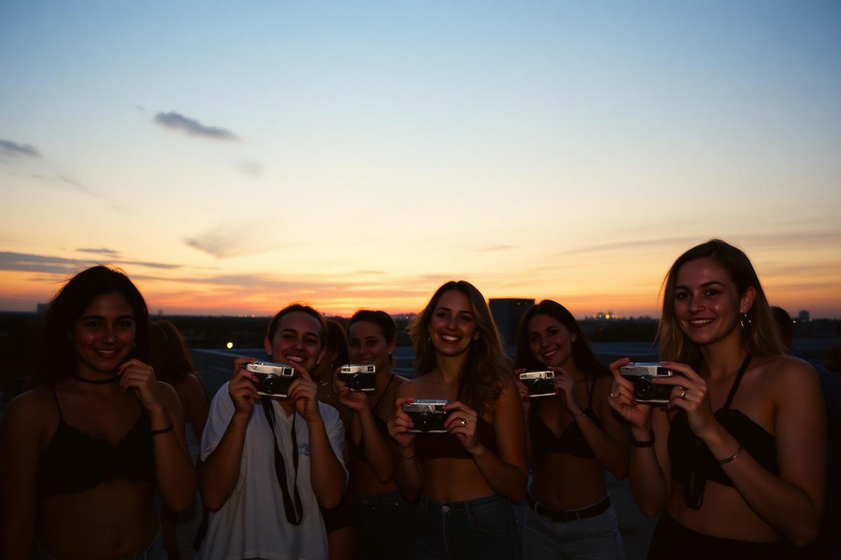 Friends holding disposable cameras on a rooftop at sunset, shot on warm 35mm film