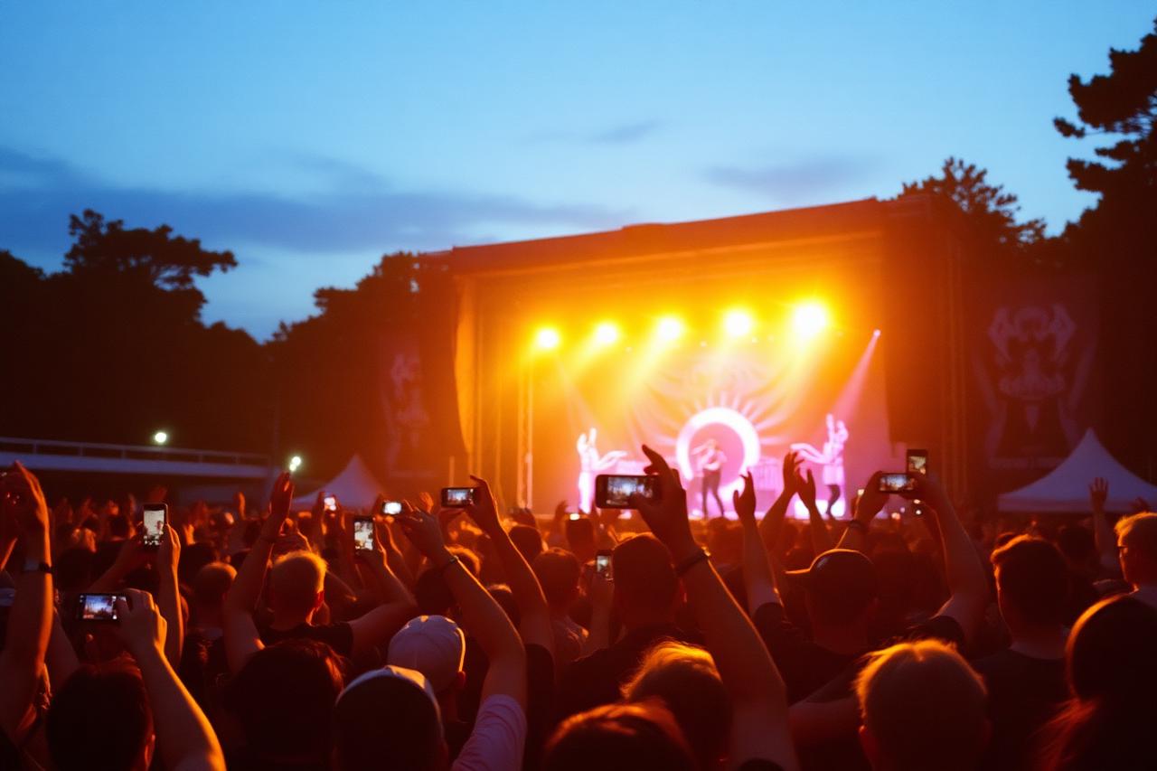 Festival crowd with phones raised at a glowing stage during golden hour