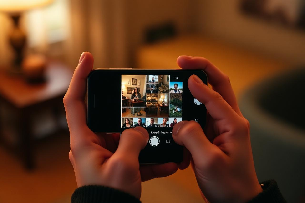 Hands holding a phone showing a locked photo grid in a warm dim room