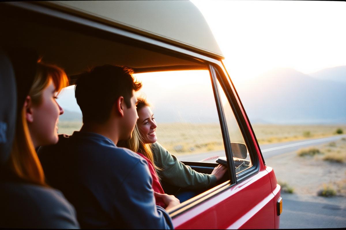 Friends in a red van on a desert road at sunset, shot on grainy 35mm travel film