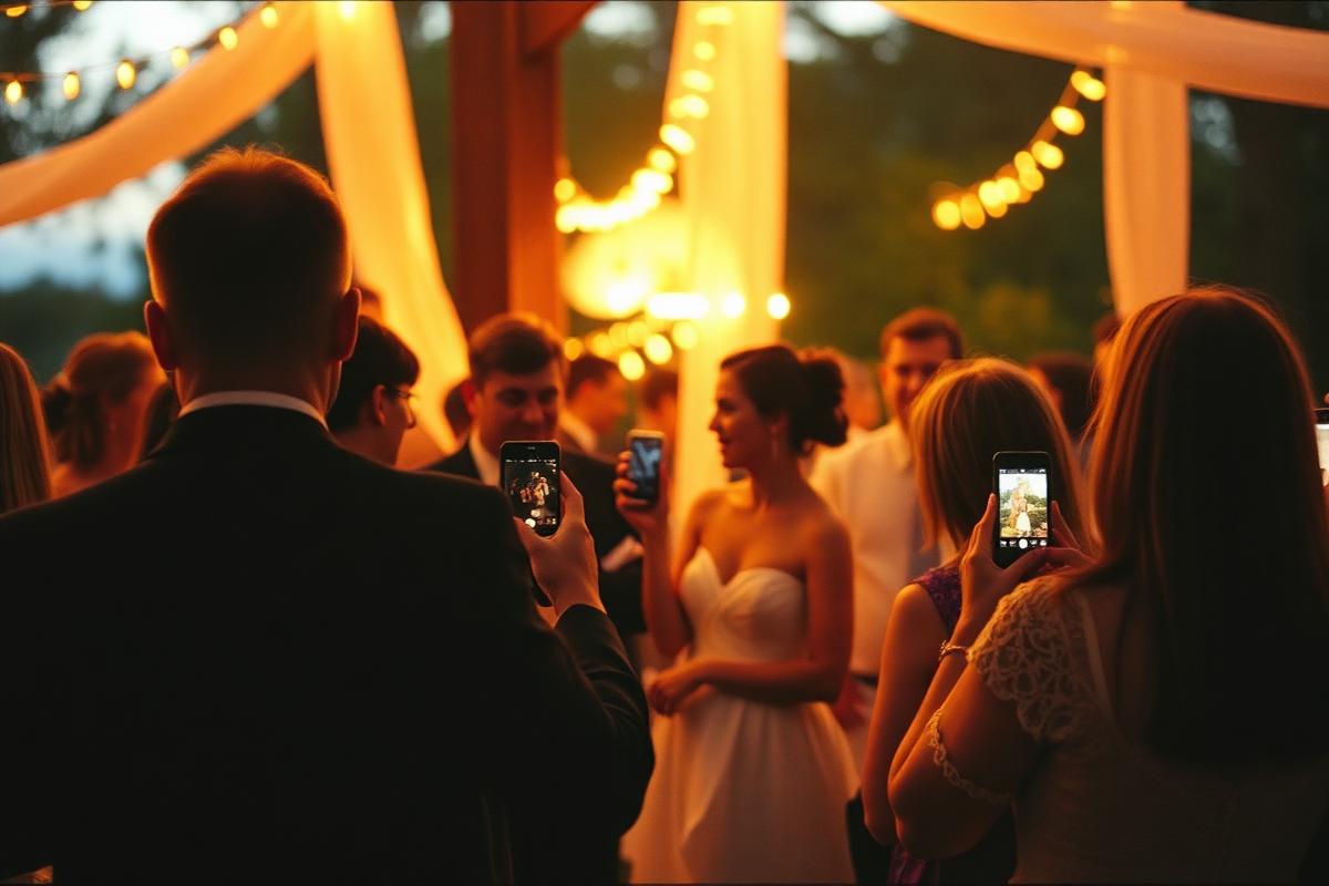 Wedding guests photographing the couple on their phones under warm string lights at dusk