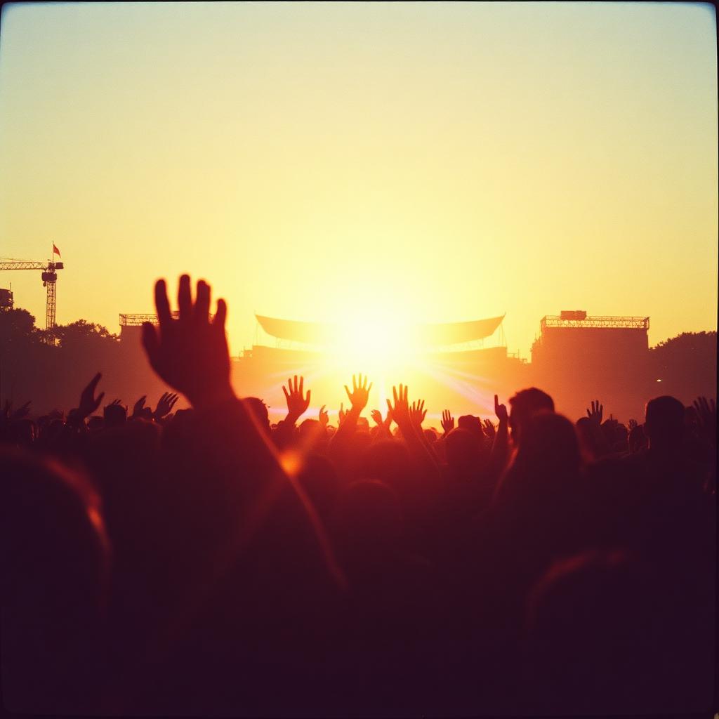 Crowd cheering with hands raised at an outdoor music festival at golden hour