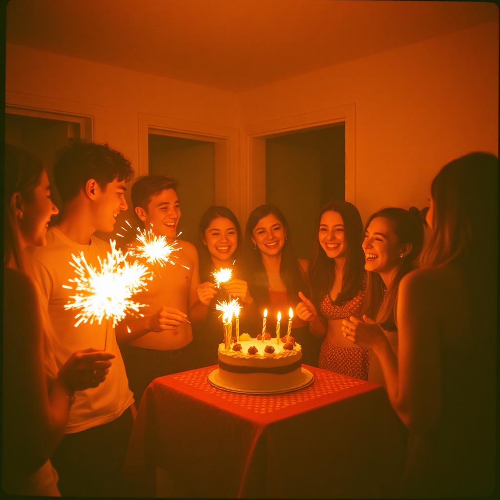 Friends dancing in a kitchen at a house party with sparklers glowing