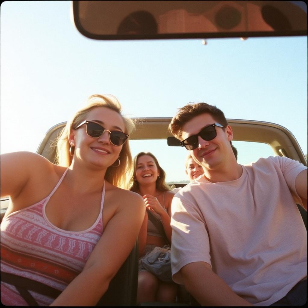 Friends laughing together on a sunlit road trip through open countryside